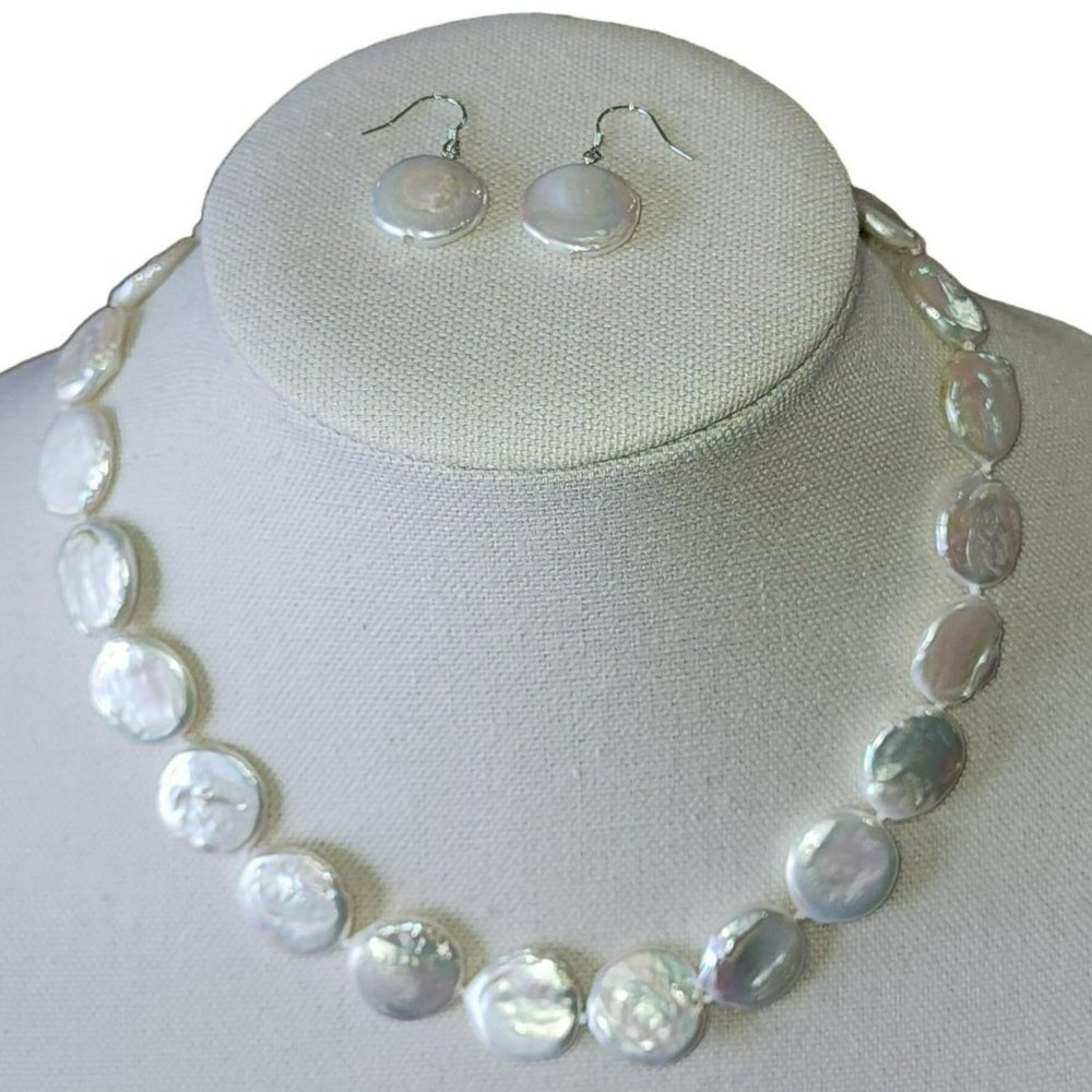 White Coin Cultured Freshwater Pearl Necklace And Earring Set 925S Clasp‎